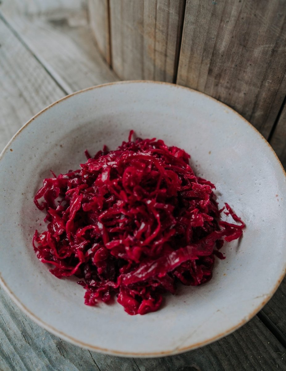 Organic pepperberry red cabbage sauerkraut on a plate