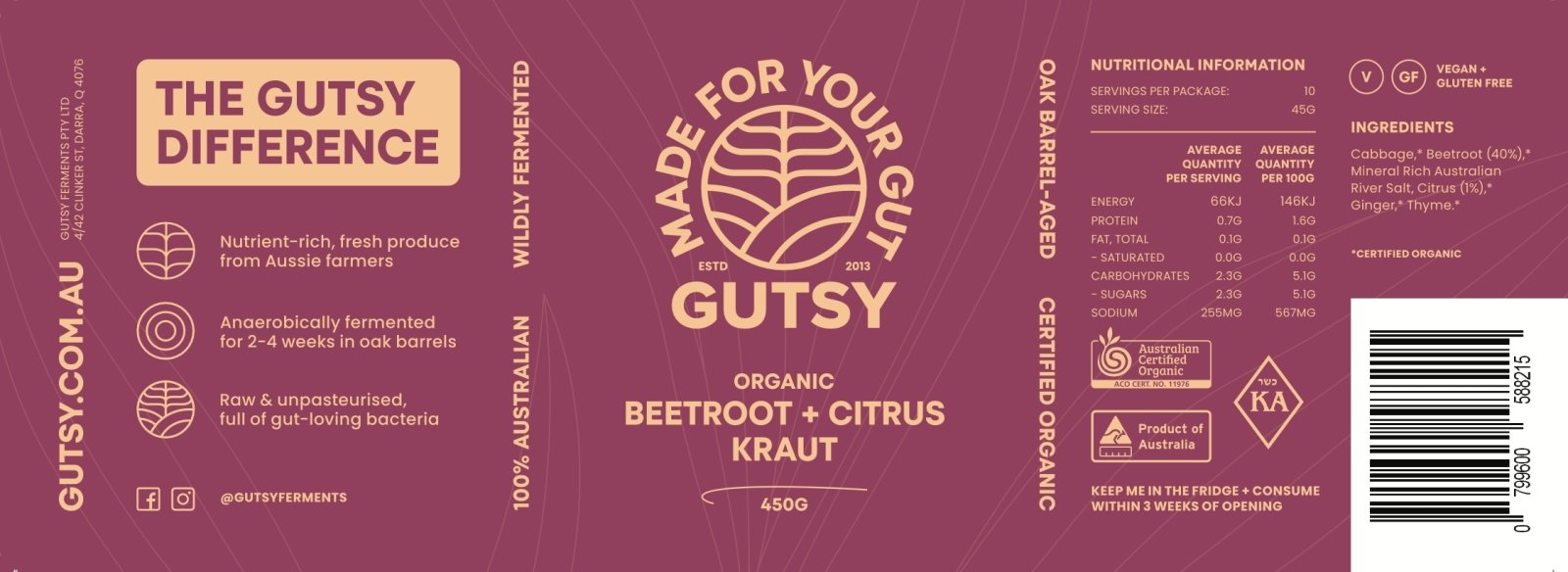 Organic Probiotic Beetroot & Citrus Sauerkraut
