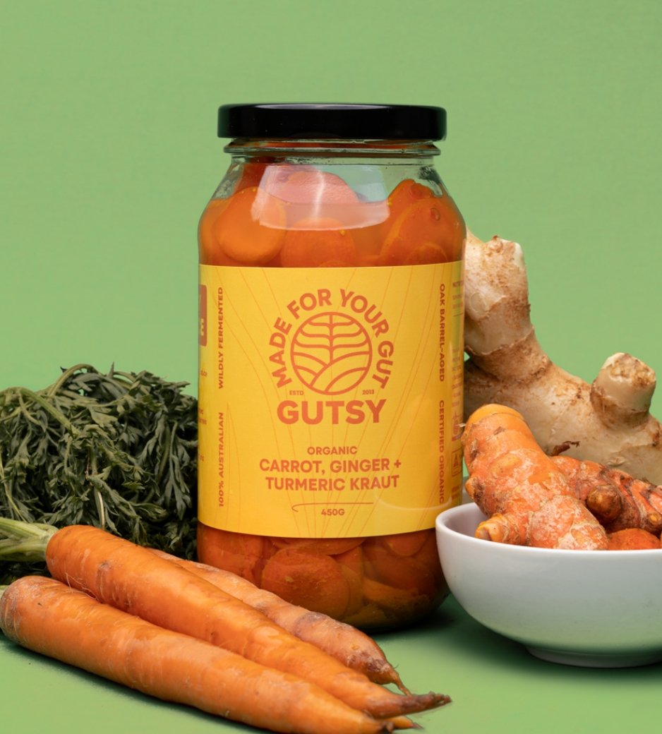 Organic carrot ginger and turmeric kraut