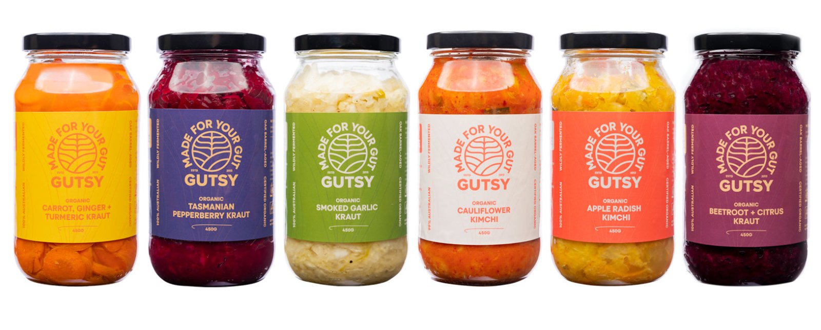 Sauerkraut and kimchi range 6 flavours in jars